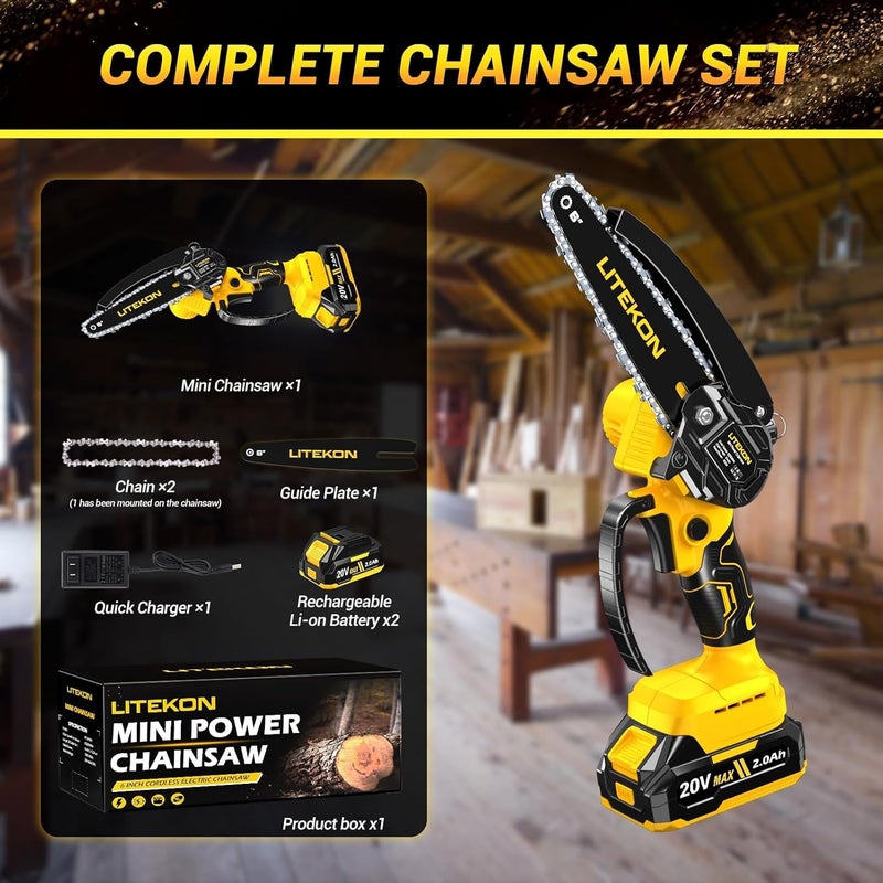 LITEKON Cordless Mini Chainsaw Kit with 2000mAh Battery & Quick Charger & 2 Chains - 2025 Upgraded Best 6Inch Electric Chain Saw with Auto-Oil System, Brushles High Power Motor - Perfect for Gifts - Image 5